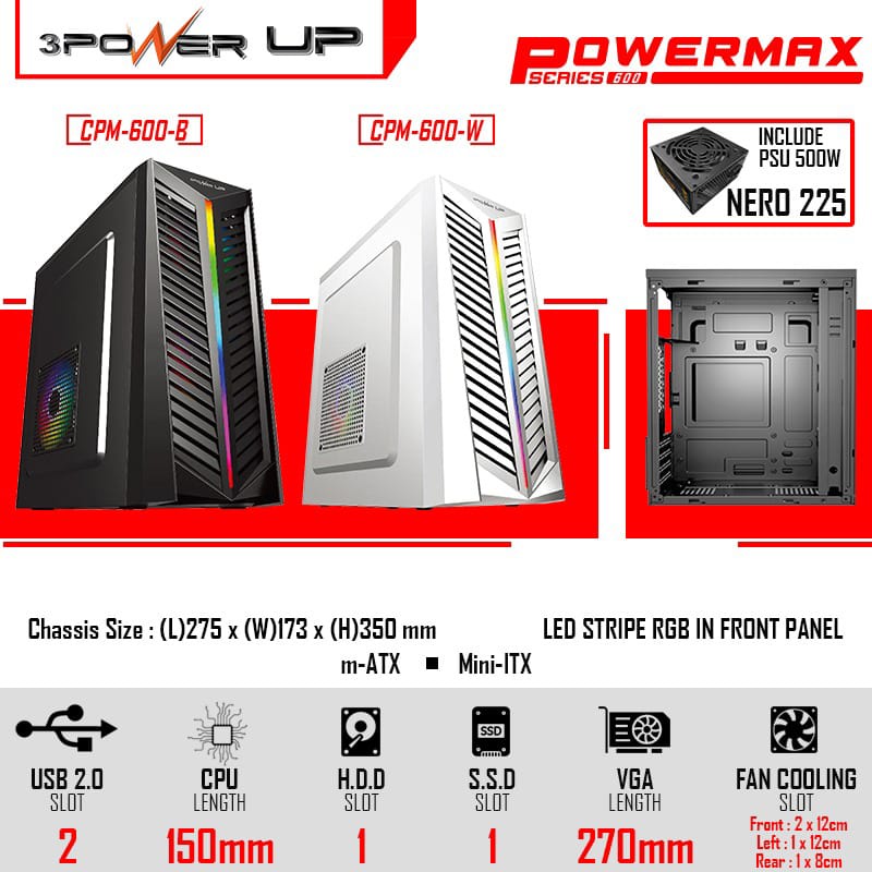 Casing POWER UP POWERMAX CPM-600 Include PSU 500Watt Micro ATX