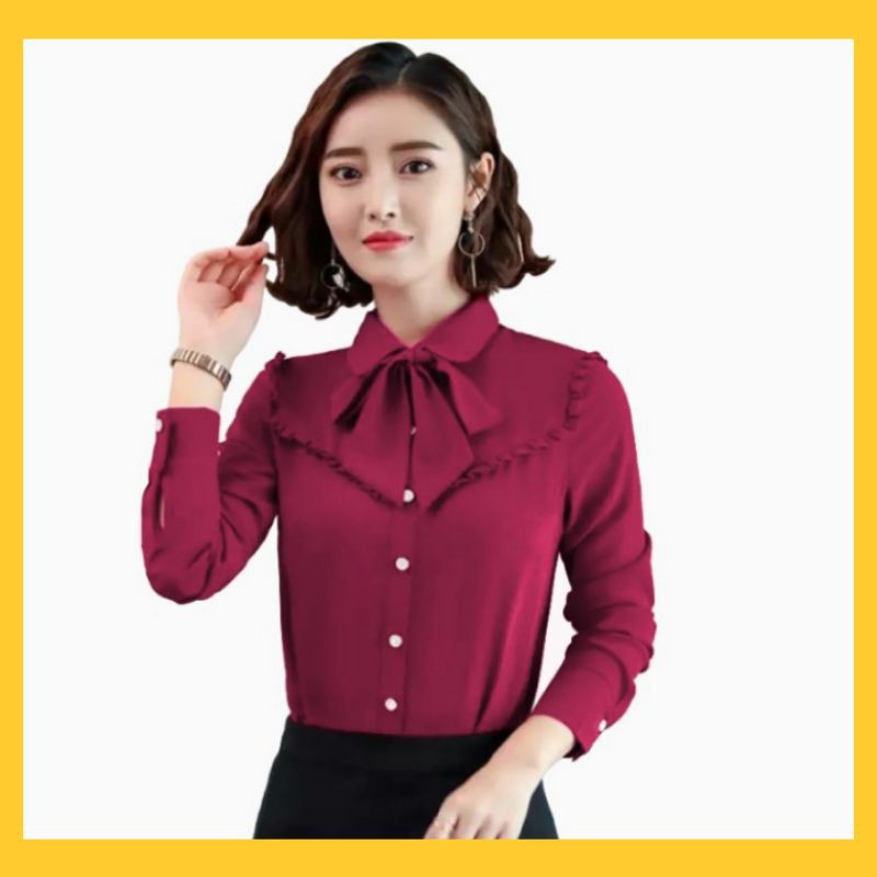 Kemeja Wanita Lengan Panjang Hem Cewek Kerja Kasual Gaya Korea Rahayu