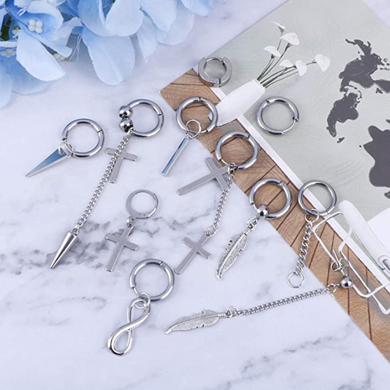 SIY  20Pcs Korean Huggie Hoop Earring Stainless Steel Dangle Hinged Feather Drop Earrings Long Chain Pendant Earrings Jewelry