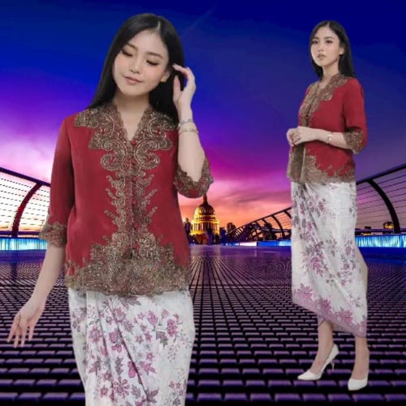 Promo kebaya Encim senada modern silky Korea import aplikasi brukat renda bordir-6