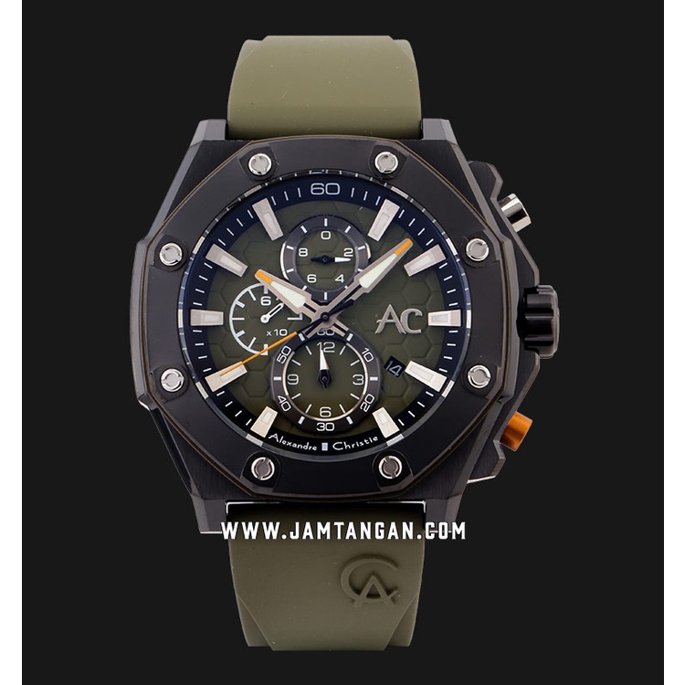 Alexandre Christie AC 9601 MC Chronograph Men Black Dial Green Rubber Strap