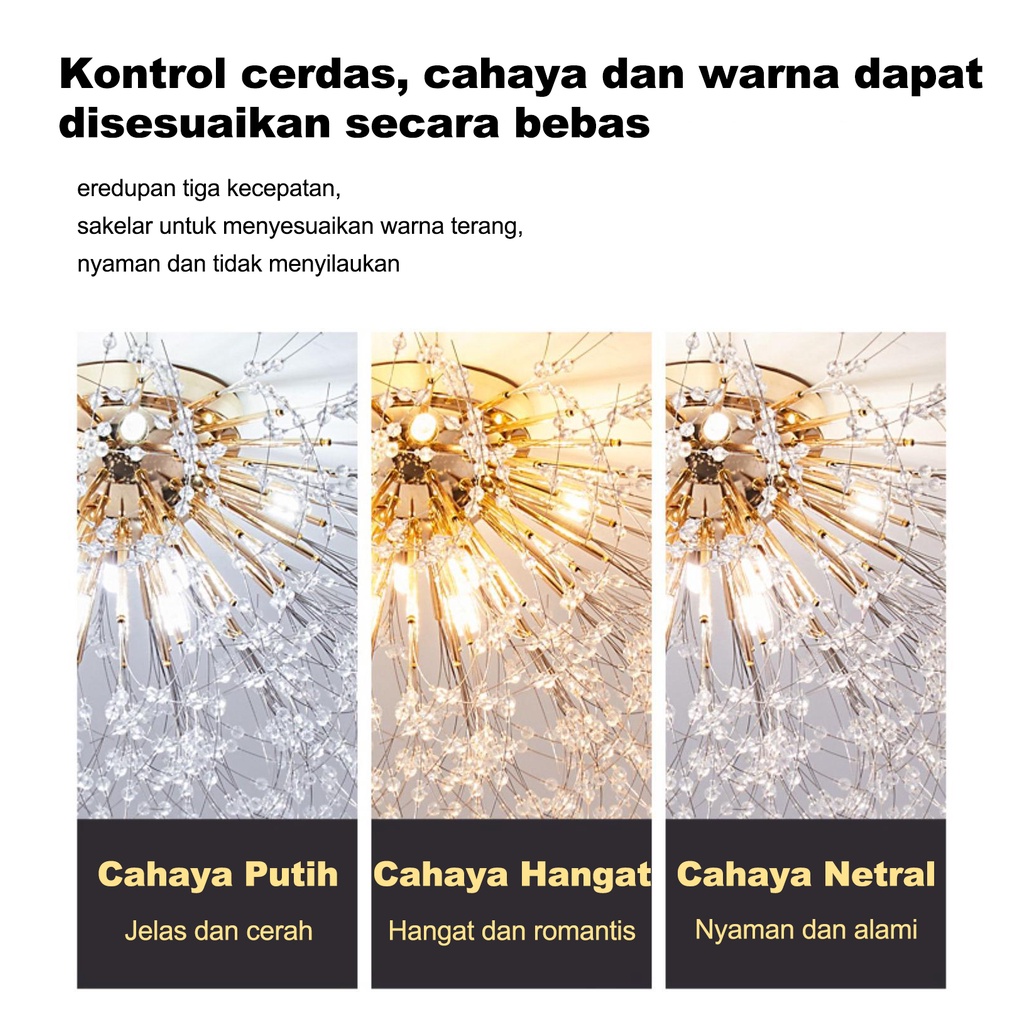 Lampu plafon minimalis kristal 3 warna Dandelion 40/80cm 8 Bolham Termasuk Bolham Tiga Warna Cahaya Langit-langit Ruang Tamu Dekorasi Kamar Tidur Makan Nordic untuk Dekorasi