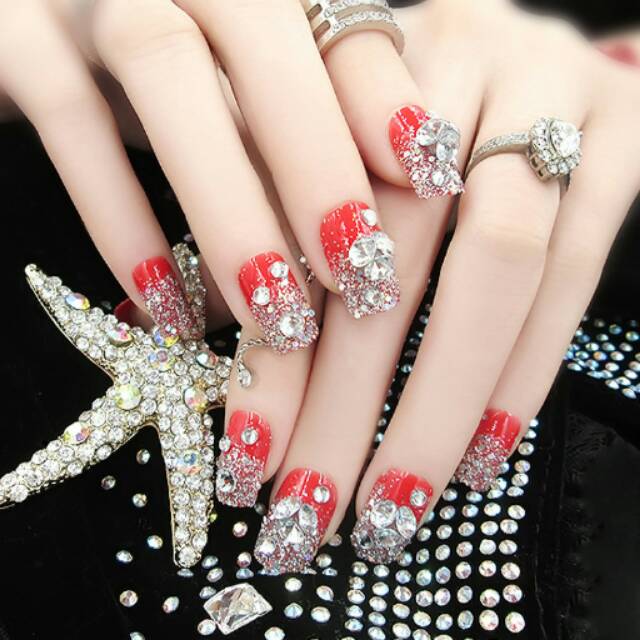 Wedding fake nail 3D Red rhinestone kuku palsu merah pernikahan