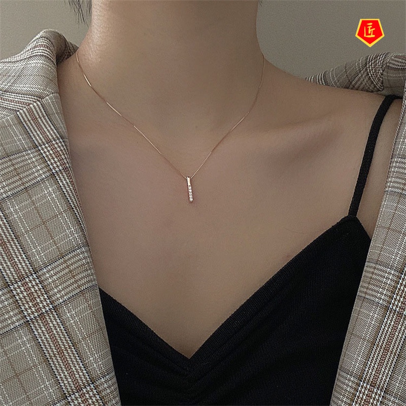 [Ready Stock]Straight Stick Necklace for Women 925 Silver Simple Rhinestone Light Luxury Minority