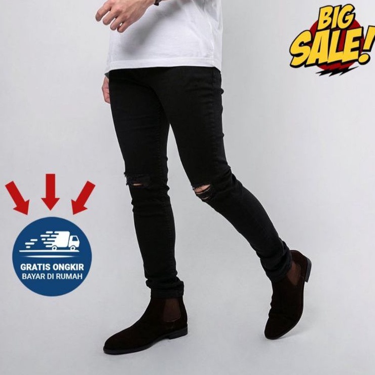 Celana  jeans pria sobek lutut hitam pekat celana jeans pria sobek celana sobek pria