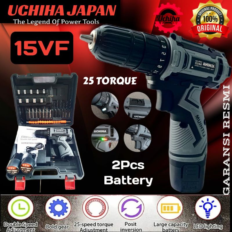 Mesin Bor Baterai Cordless 15vf 25torsi Uchiha Tembok Besi Kayu Obeng Sekrup Set Koper