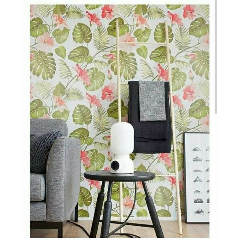 WALLPAPER DINDING MOTIF MONSTERA DAUN HIJAU BUNGA PINK 10m x 45cm