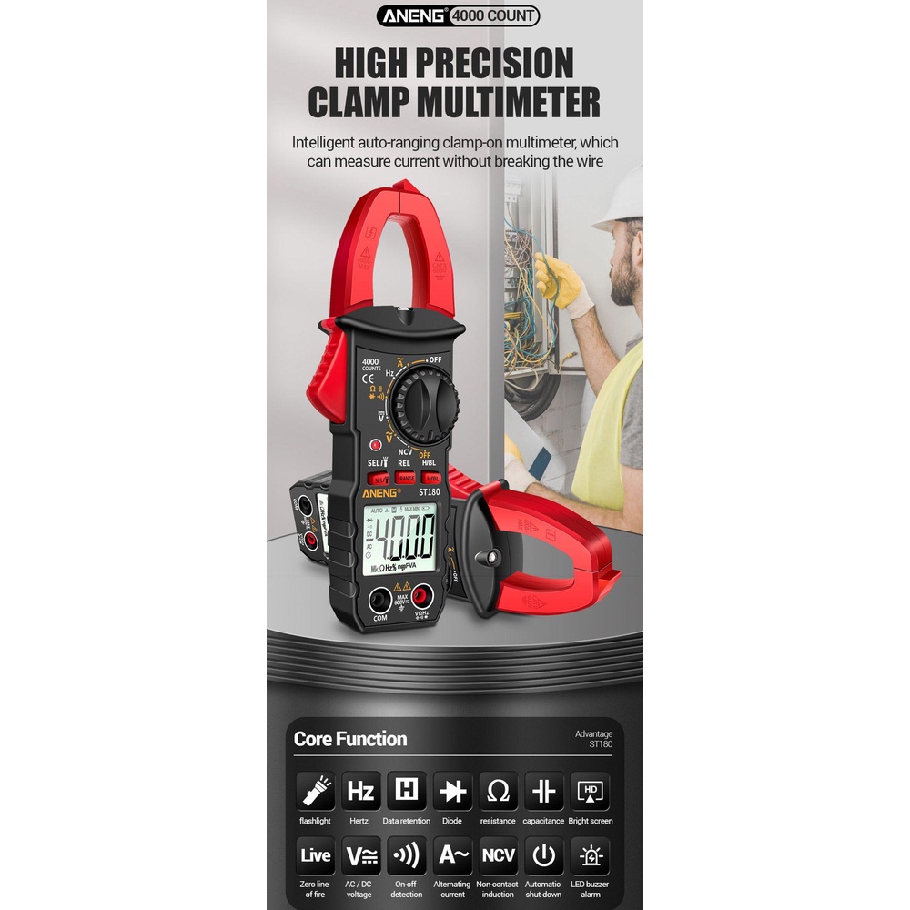 Solighter Digital Clamp Meter ANENG ST180 Amp Hz Kapasitansi NCV Ohm Test Mobil Amp DC/AC Ammeter