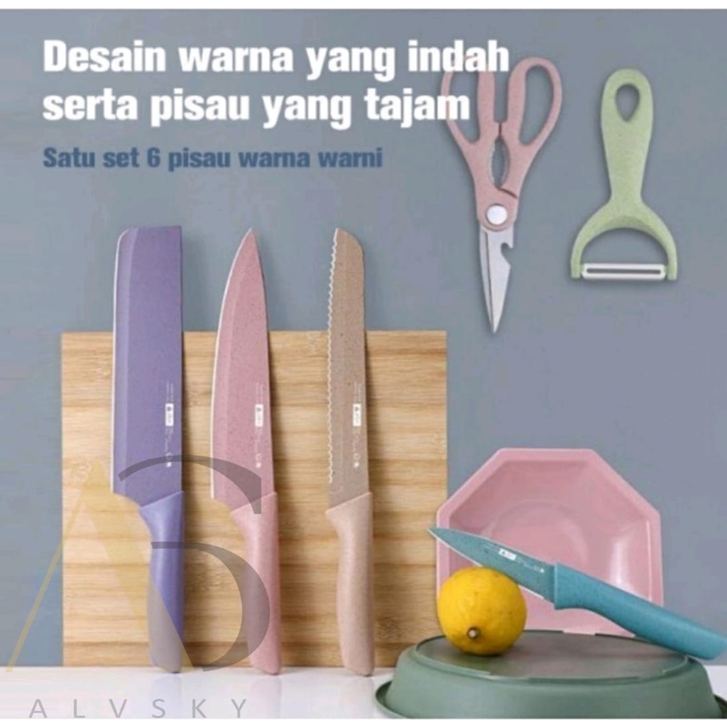 SET PISAU DAPUR MACAROON WARNA WARNI 6 IN 1/ PISAU SET 6 IN 1 STAINLESS ANTI LENGKET