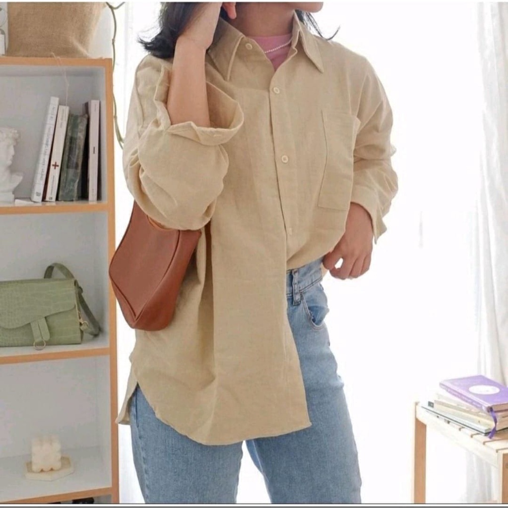 Kemeja Linen Oversize Premium Shirt Wanita Polos Korean Style Baju Atasan Wanita Kekinian LD 120 cm