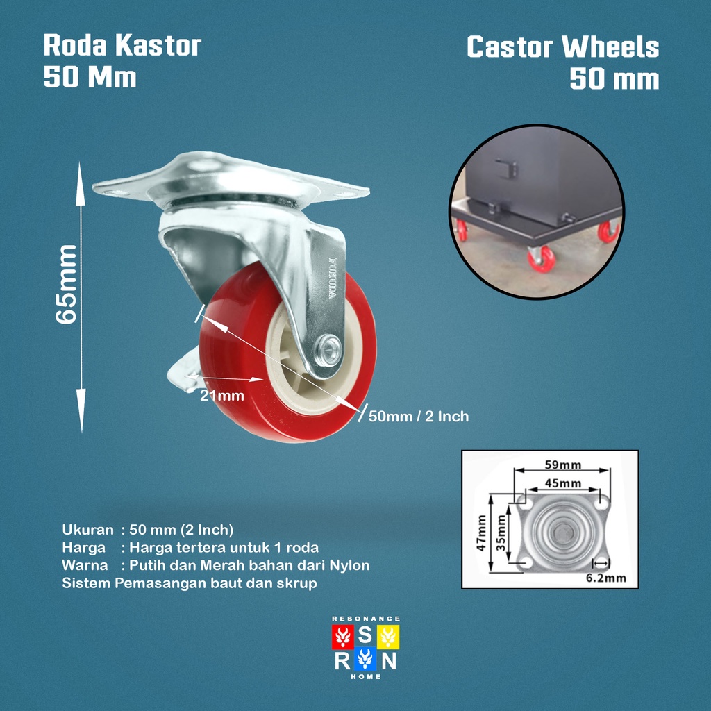 Roda Caster Plus Rem 50mm / Kaki Roda Etalase Troli Resonance Home