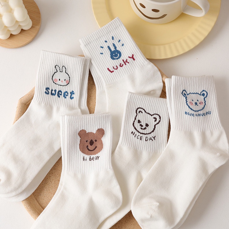 [littlecrab] Kaos Kaki Cartoon Putih Bear Rabbit Women Socks Kaos Kaki Berkualitas Putih Kaus Kaki Lembut Korean Style