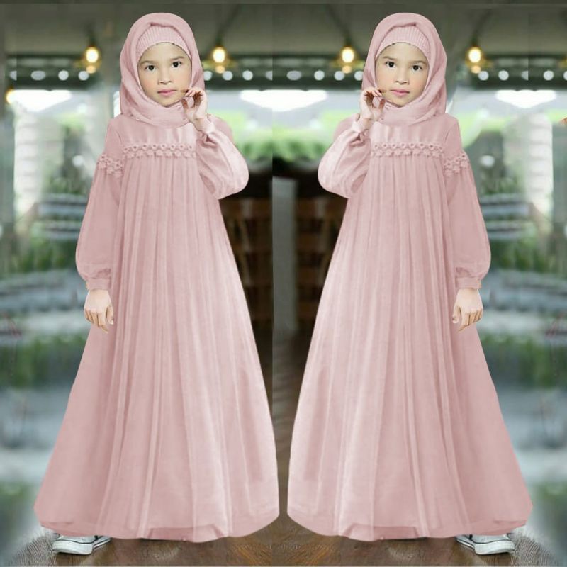 MAXY NURAINI KID ANAK, RENDA TILE, MOSCREPE PREMIUM, GAMIS HIJAB MUSLIM, DRESS, 3 UKURAN