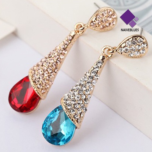 Naiveblue &gt; Anting Tusuk Gantung Desain Tetesan Air Hias Zircon + Berlian Imitasi Untuk Wanita