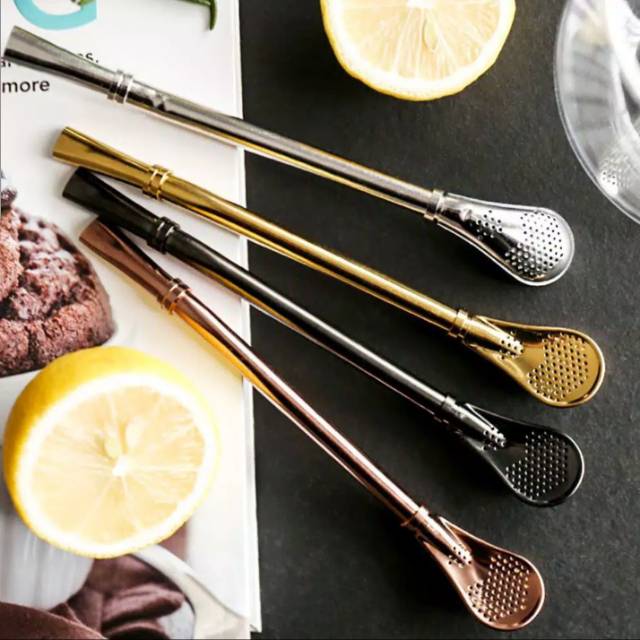 Sedotan sendok teh jus kopi 2 in 1 high quality stainless spoon straw