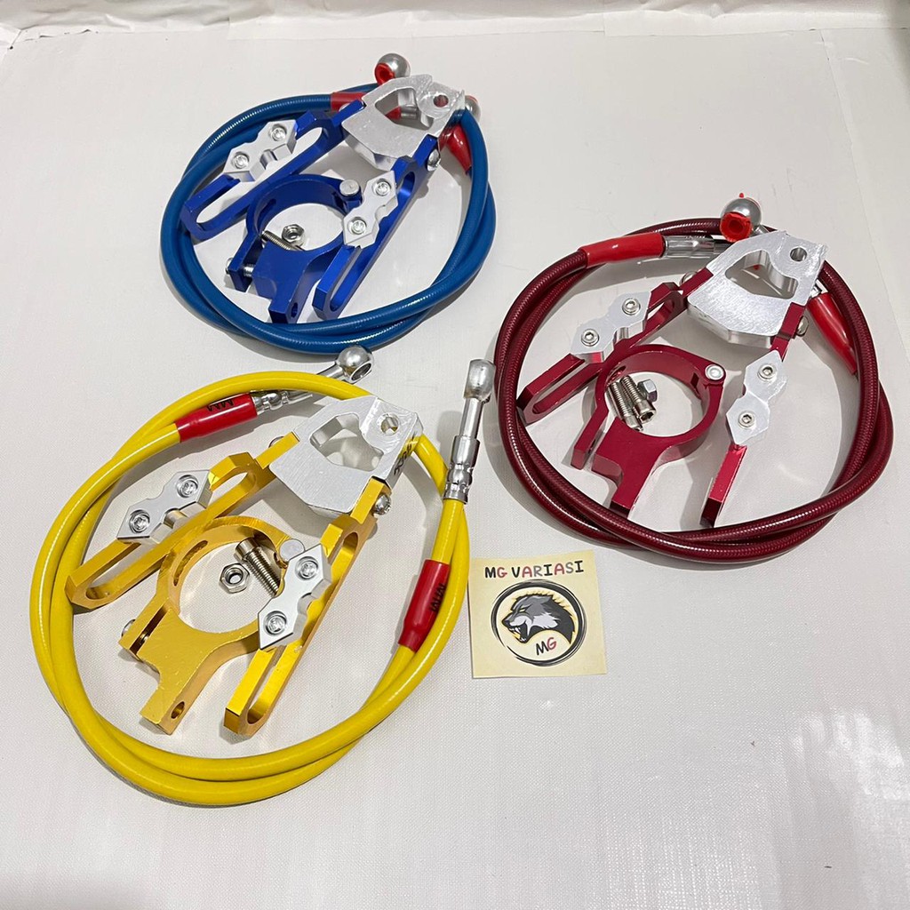 PAKET PROMO Kleman Selang Rem CNC Dan Selang Rem Depan Variasi panjang 90cm - Kuning Merah Biru