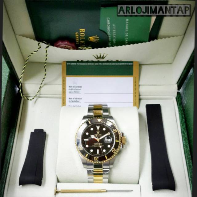 JAM TANGAN PRIA ROLEX SUBMARINER AUTOMATIC COMBI GOLD BLACK DIAL FULL SET BOX ORI