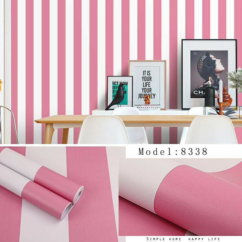 Wallpaper Sticker Dinding Motif Garis Putih Lapis Pink Ukuran Panjang 10Meter x Lebar 45cm