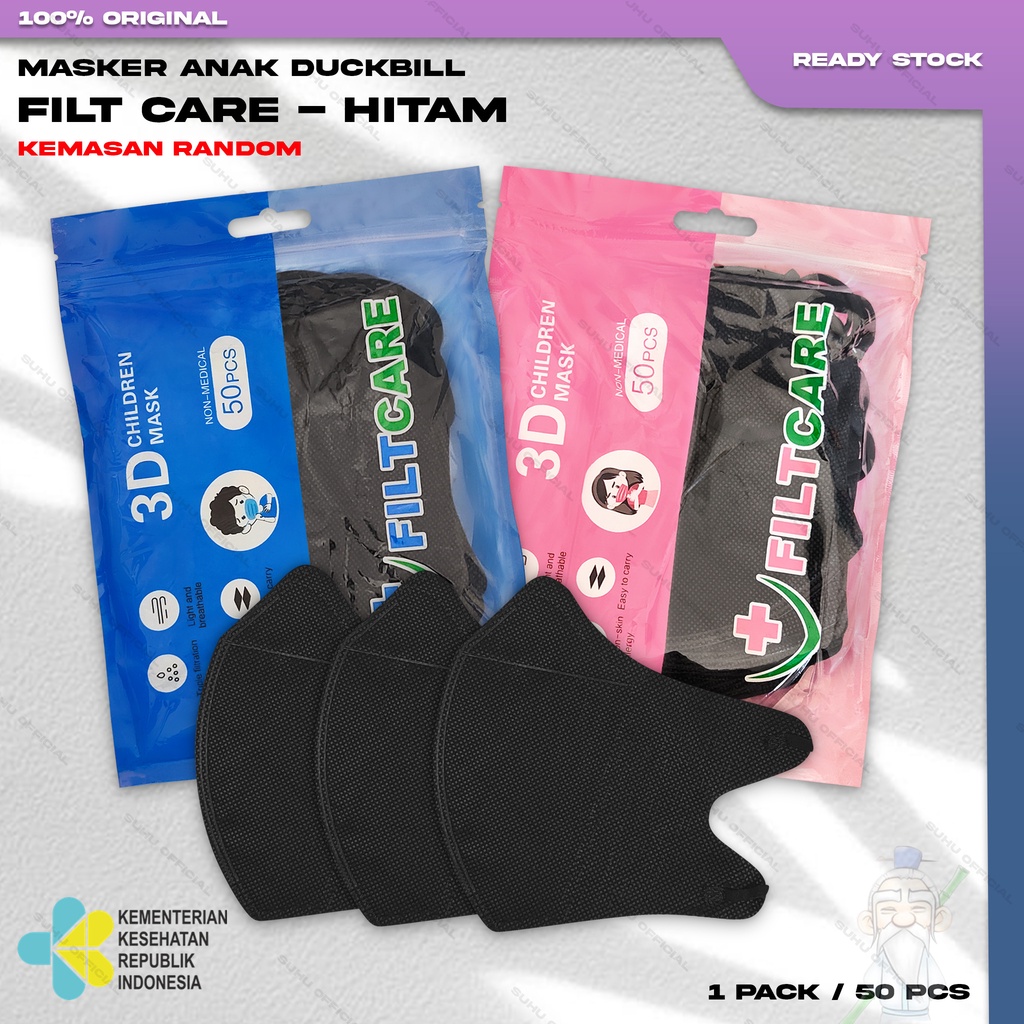 ❤️ SUHU ❤️ Masker Anak Duckbil FILTCARE 3Ply Isi 50PCS Warna Hitam Black Duckbill Earloop Surgical Mask