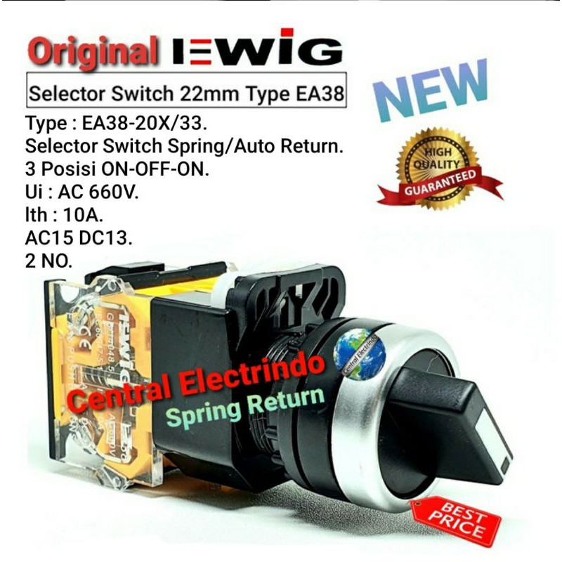 Selector Switch EWIG 22mm Spring Return EA38-20X/33 3Posisi ON-OFF-ON.