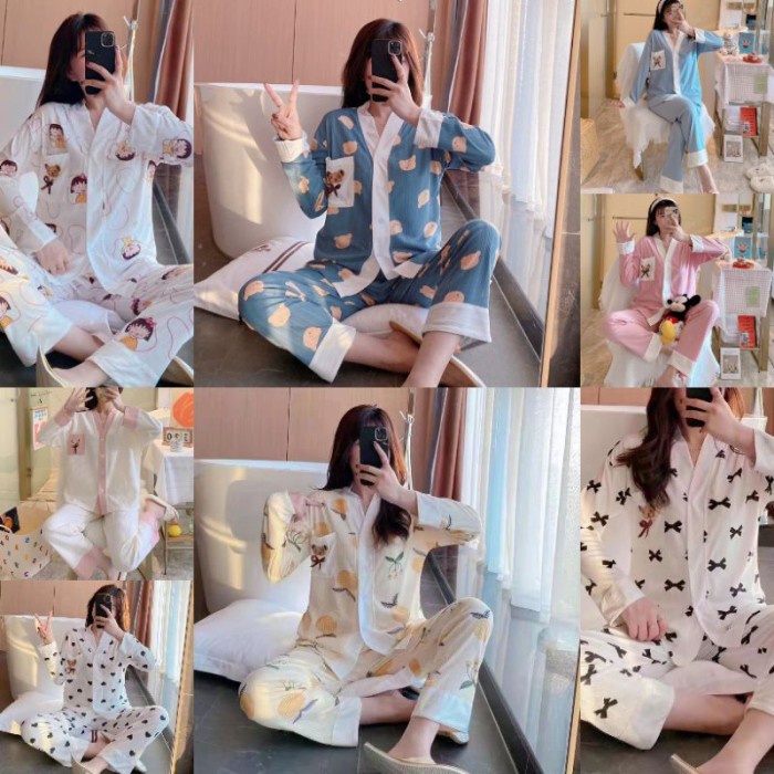 SETELAN PIYAMA BAJU TIDUR FASHION WANITA DEWASA PP IMPORT PREMIUM LEISURE BUSUI LENGAN PANJANG MOTIF