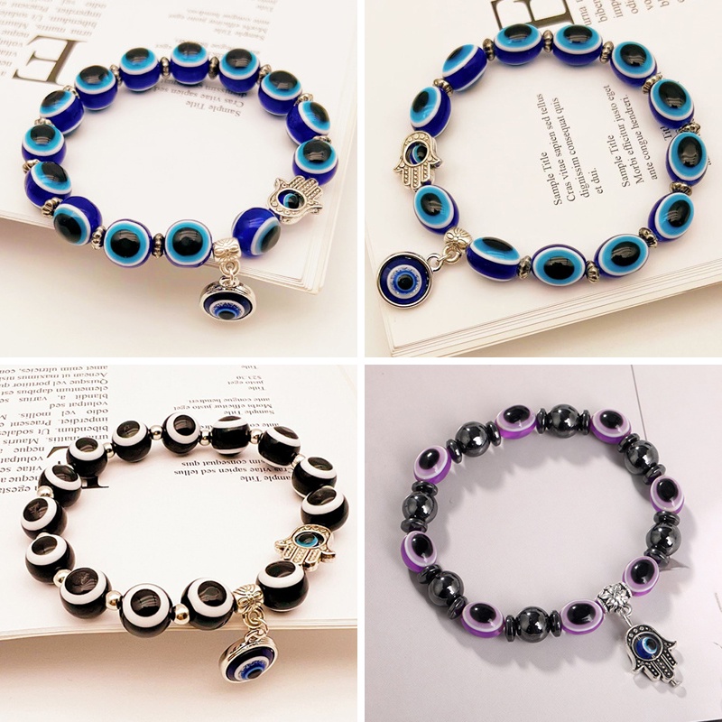 Gelang Magnetik Desain Evil Eye Warna Biru Ukuran 10mm Untuk Pria Dan Wanita