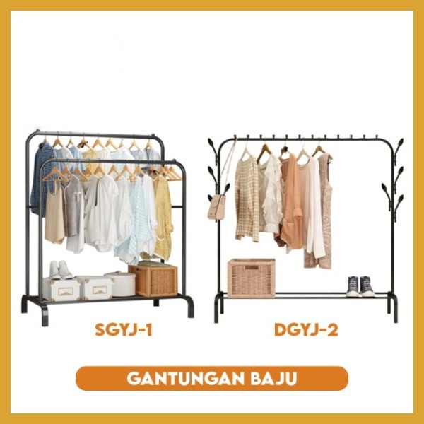 PROMO Rak Baju Gantungan Baju Besi Stand Hanger Display Butik Bazar Jemuran Pakaian Stand Hanger Double-Single Minimalis Desain Korea 150132X110X54Cm - Hitam Putih