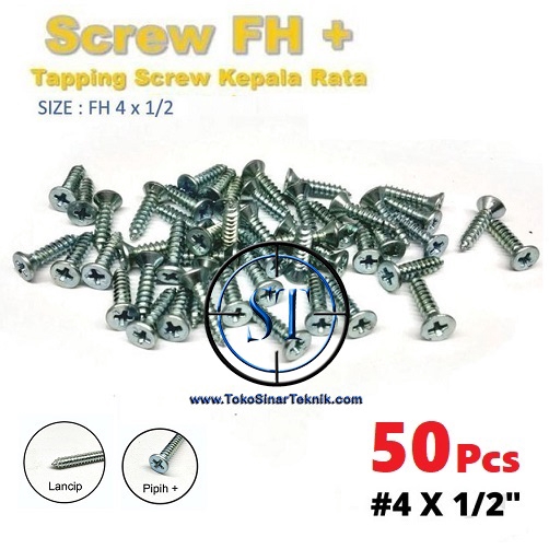 Sekrup Box Plastik Fh 4x1/2 - Skrup Fh Tapping Screw 4x1/2 Kepala Rata Isi 50 Pcs