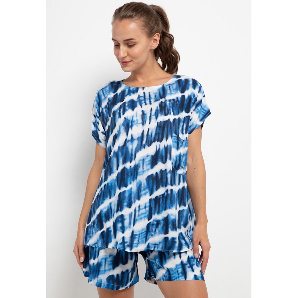 Nade Japan FT055 AMS Set Baju Celana Tidur Motif Tie Dye Slanted Wanita Onesize Wana Biru