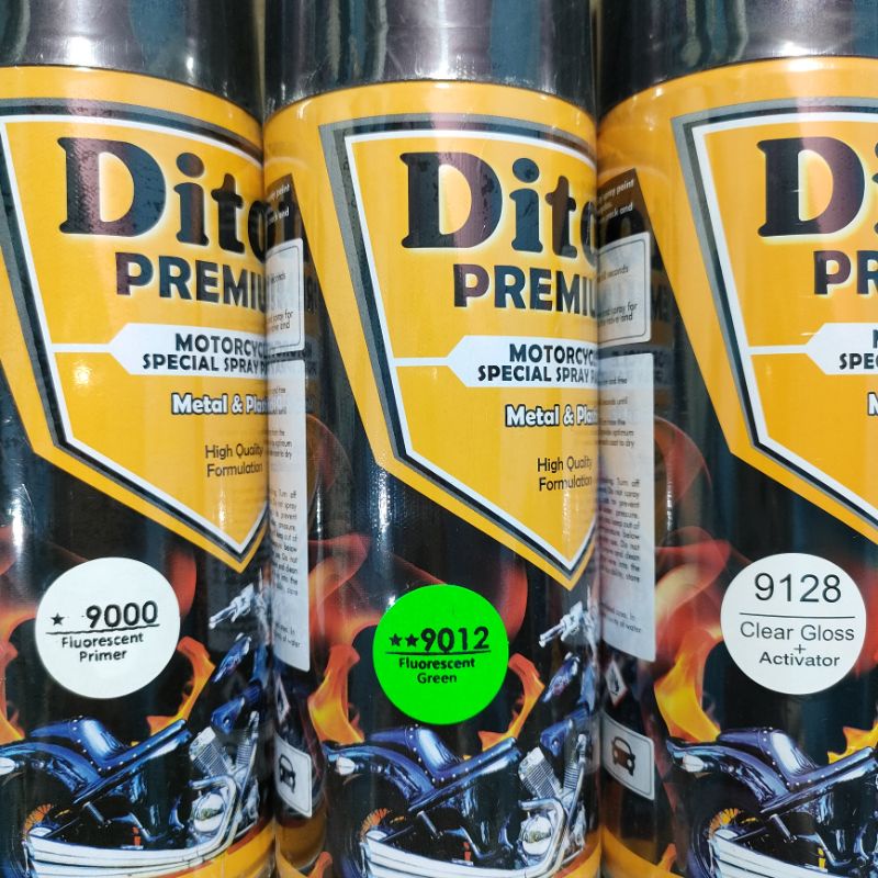 Pilok Paket Lengkap Cat Diton Premium Fluorescent Primer 9000 Fluorescent Green 9012 Clear Gloss 9128 400cc.. Pilok Paketan Lengkap Fluorescent Green Cat Semprot Diton Premium 400cc