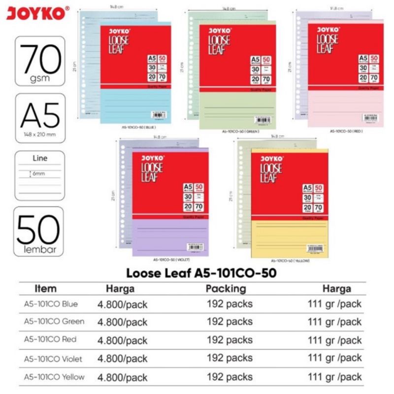 

Loose Leaf A5 50 bergaris warna warni isi 50 lembar Joyko