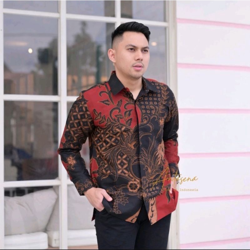 Atasan Kemeja Batik Pria PEKSI MERAH lengan panjang Full Furing halus / Batik Nusantara premium