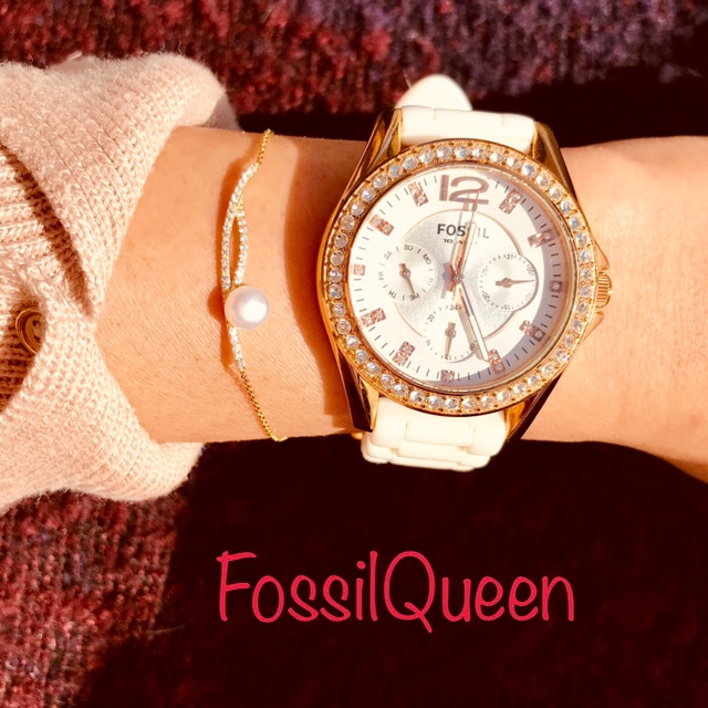 Jam TANGAN FOSSIL ORIGINAL PRELOVED White Rubber Swarovski LIKE NEW