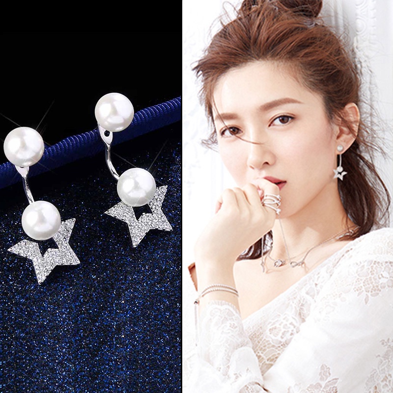 Star pearl giwang telinga back-mount Panjang Korea shell mutiara anting-anting sederhana all-match a