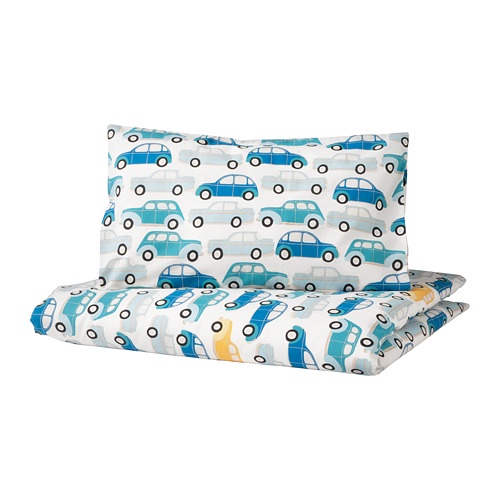 RORANDE Sarung quilt 110x125 cm bantal 35x55 cm untuk ranjang bayi, mobil biru