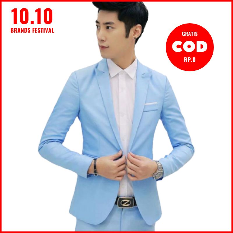 Jas Blazer Pria Jas Wisuda Jas Nikah Jas Formal Pria Model Slim Fit Biru Muda List Putih