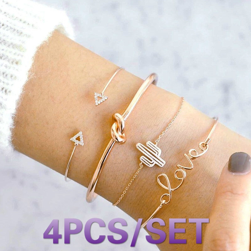Gelang 4 Pcs Set Wanita Korea Vintage Segitiga Simpul Cinta Kaktus Pembukaan Bangle Aksesoris Mode Shopee Indonesia