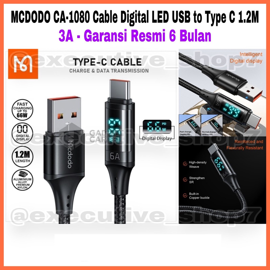 MCDODO CA-1080 Cable Digital LED USB to Type C 1.2m - 3A - Garansi Resmi 6 Bulan