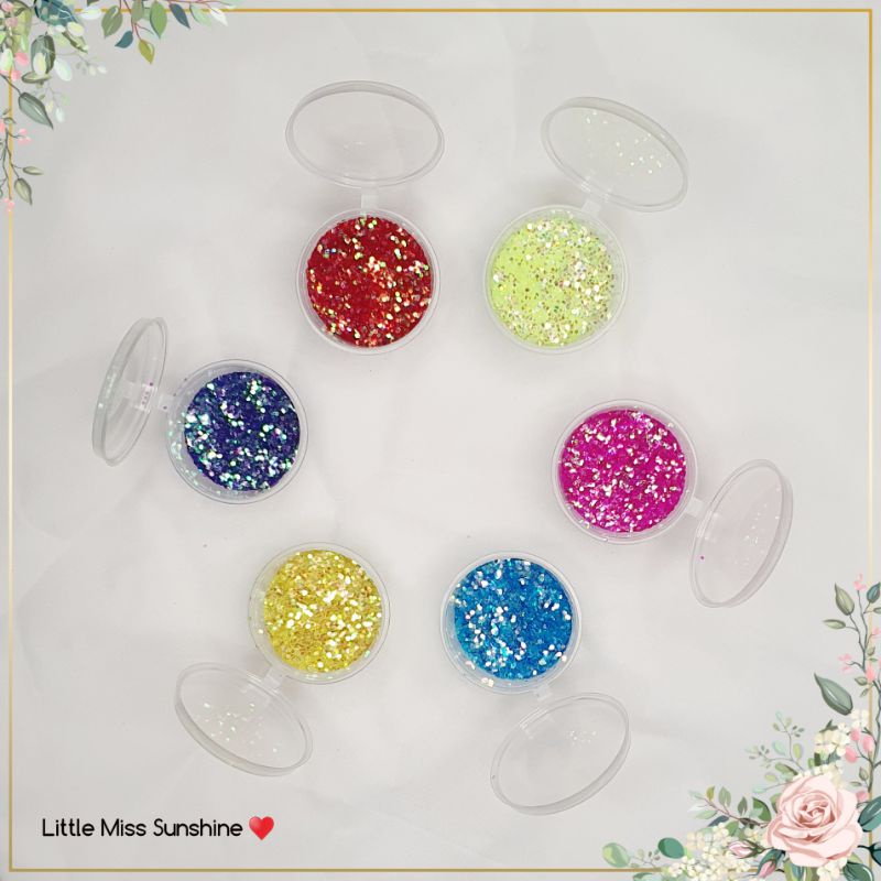 Glitter Cup 10gr High Quality Rainbow Hexagonal Shimmer Blink Shiny Handycraft Makeup Artist Tatto Henna Nail Art Project School Sekolah Kerajinan DIY murah Office Fancy serbuk glitter Best Grosir Groceries Murah Lebay Murce Little Miss Sunshine Malang