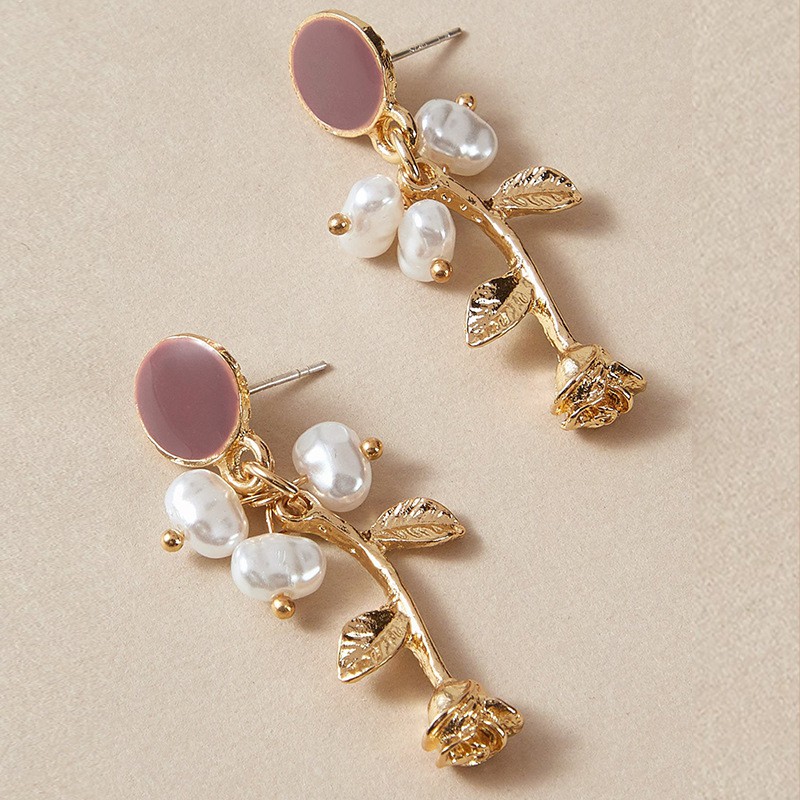 LRC Anting Tusuk Fashion Flower Gold Color Drop Oil Rose Flower Pearl And Diamond Circle Earrings