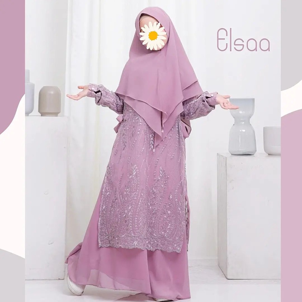 Elsaa / Gamis Anak Cewek Terbaru Matt Moscrepe Mix Brokat / Fashion Muslim Anak Perempuan Kekinian / GOM