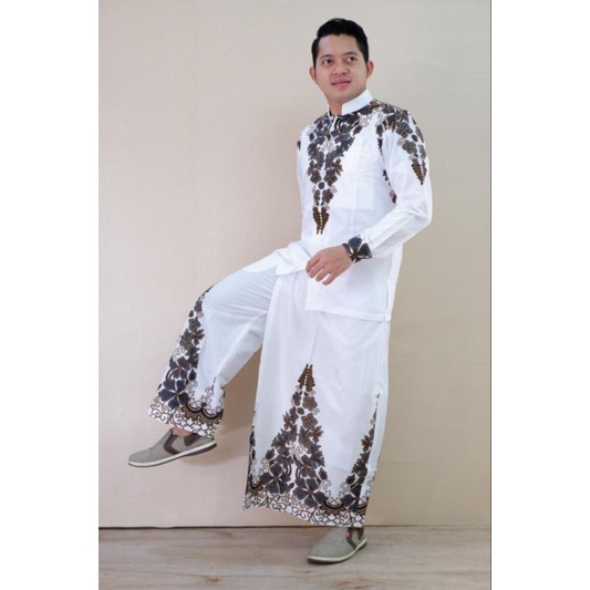 Fashion Muslim Baju Koko Setelan Sarung Celana Pria Dewasa Kombinasi Kemeja Batik Lengan Panjang Pen