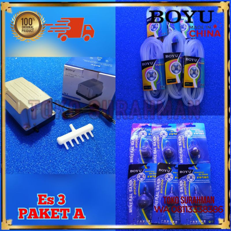 Paket Hemat Aerator Kolam Aquarium Boyu Silver ES 3 + Selang + Batu