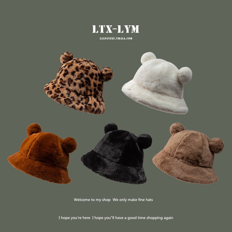 Topi Bucket Bulu Telinga Wanita Pria Dewasa Beruang Fashion Korea Karakter Animal Pom Pom Visor Pancing Bahan Bulu Lembut hangat Korean Style Aesthetic Chikoisme