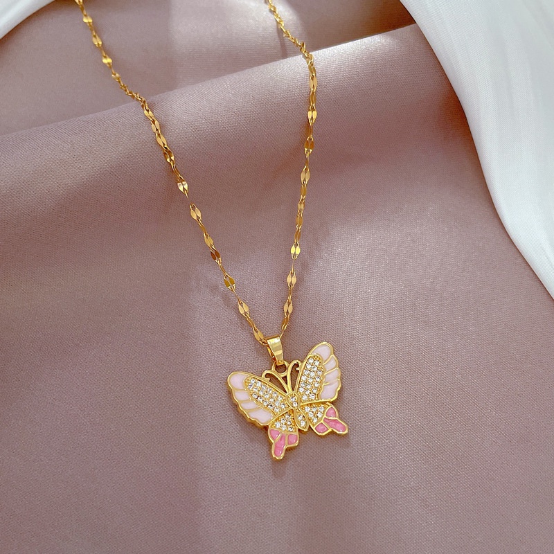 Barbie Kalung Rantai Emas 18K Liontin Kupu-Kupu Hias Cubic Zirconia Untuk Wanita