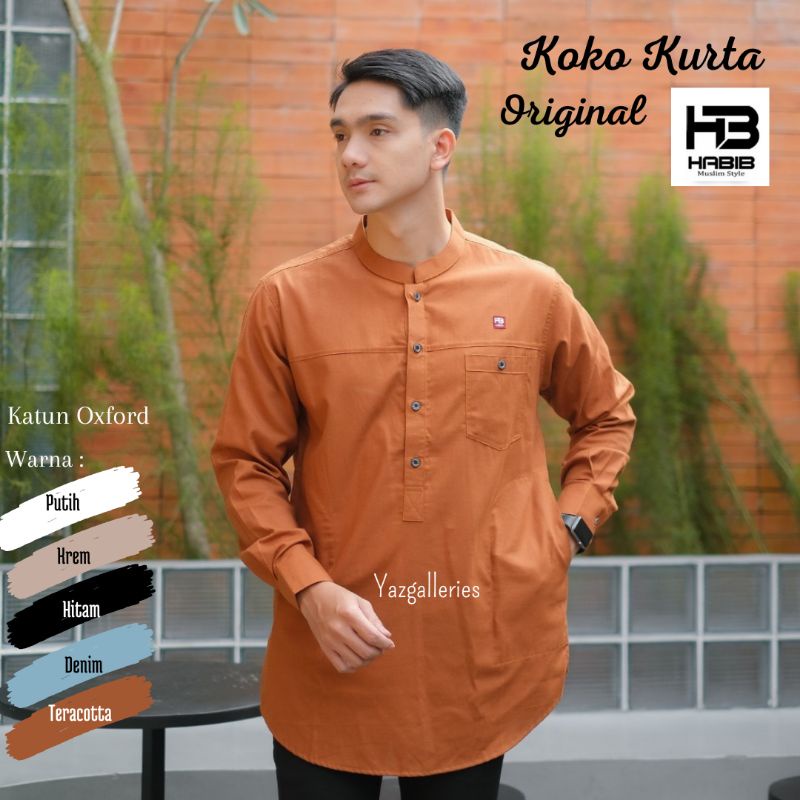 Baju Koko Kurta Pria Lengan Panjang Original HABIB Katun Oxford Premium (Warna Teracota, Krem, Putih, Hitam, Biru Denim)