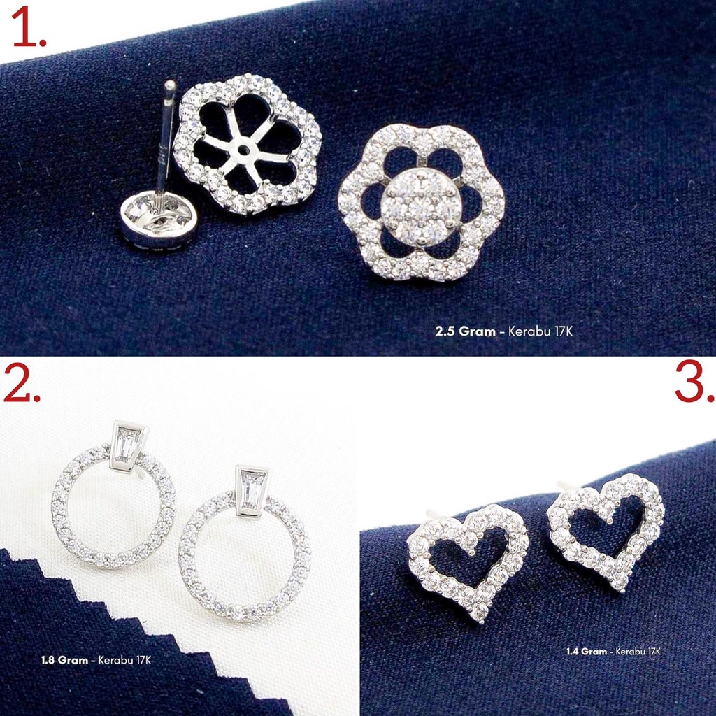 Anting anak dan dewasa emas asli kadar 750 75% 17k tusuk paku duduk permata bunga love bulat 2 model 1 gram gr g putih whitegold