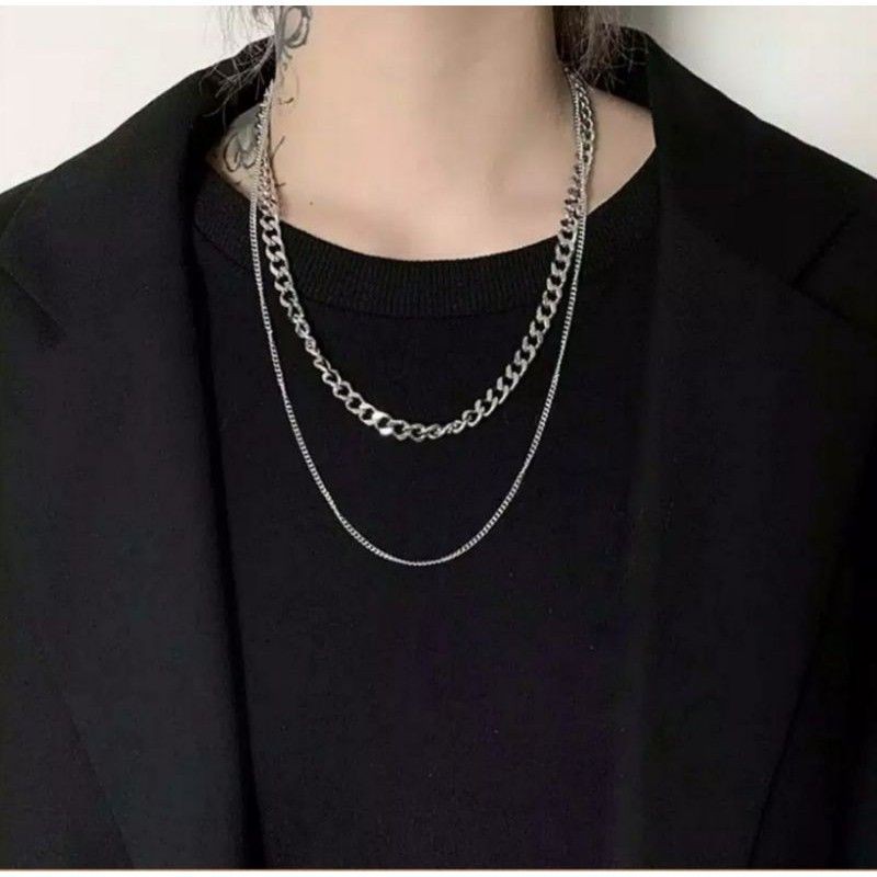 Kalung Double Layer Rantai Silver Polos Plain Silver Chain Multilayer Necklace Gaya Punk Korea