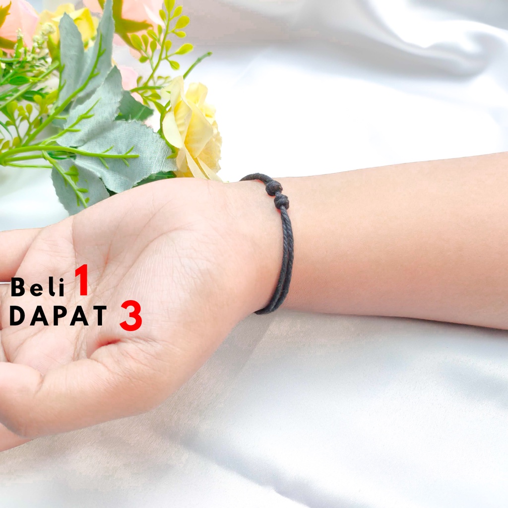 3 Pcs Gelang Tali Hitam Polos Semi Kulit Adjustable Untuk Pria Wanita Pasangan Persahabatan 1,5mm