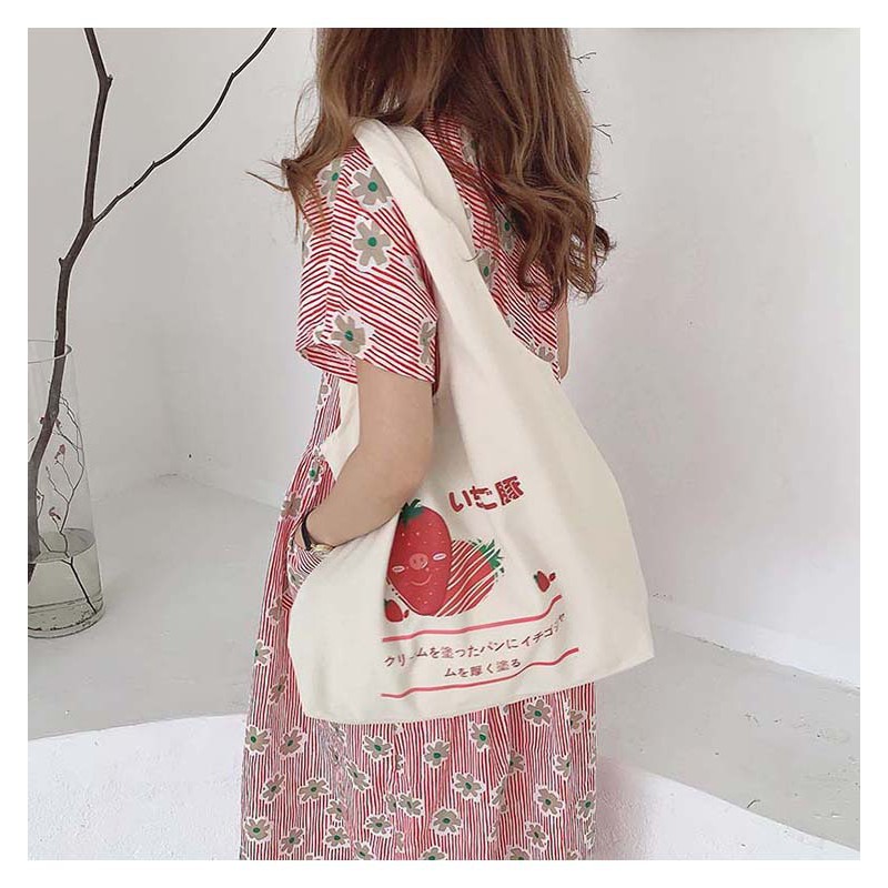 TC-08 tas canvas tote bag wanita import korea jepang simple besar strawberry stroberi